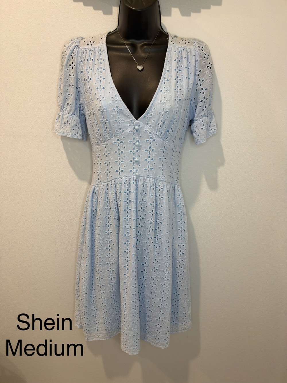 SHEIN Light Blue Eyelet V-Neck Mini Dress